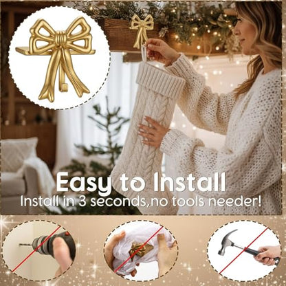 Christmas Stocking Holder Set - Double Gold Bow Cast Iron, 2 Pcs