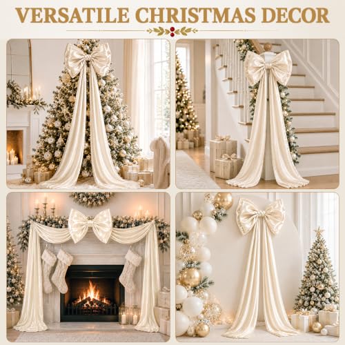 JOICEE Large Champagne Glitter Satin Christmas Tree Topper Bow 20x59 Inch - Variation of Champagne