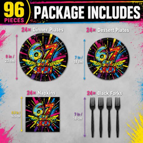 Neon 6 7 Meme Birthday Party Tableware Set for 24 Guests