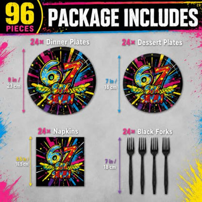 Neon 6 7 Meme Birthday Party Tableware Set for 24 Guests