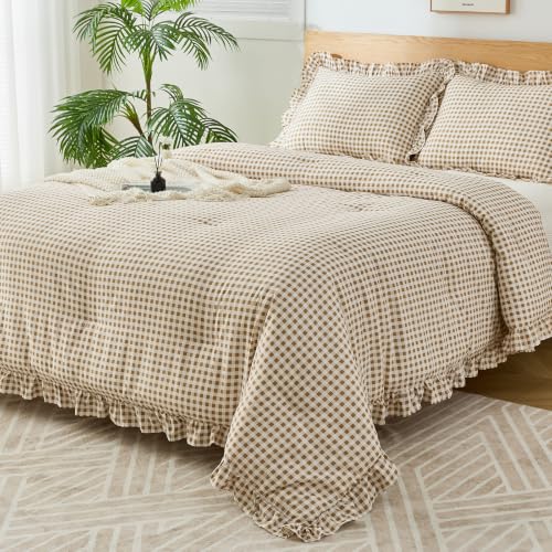 Queen Ruffle Gingham Comforter Set Tan Plaid Farmhouse Bedding Variation of THIS listing