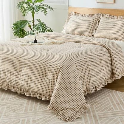 Queen Ruffle Gingham Comforter Set Tan Plaid Farmhouse Bedding Variation of THIS listing