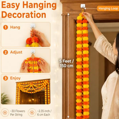 7Pcs Artificial Marigold Garland 5 Feet for Diwali Decor Home & Event