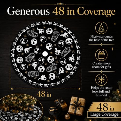 Gothic Christmas Tree Skirt 48 Inch Round Skull Face Black Holiday Decor