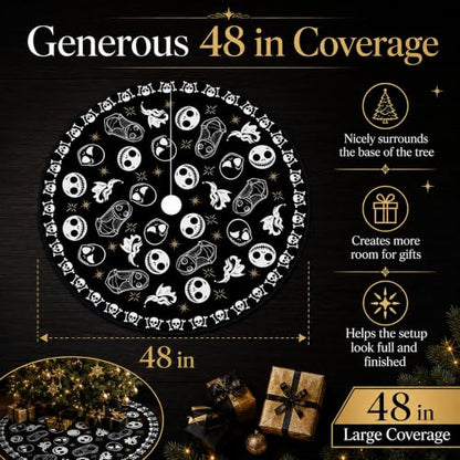 Gothic Christmas Tree Skirt 48 Inch Round Skull Face Black Holiday Decor