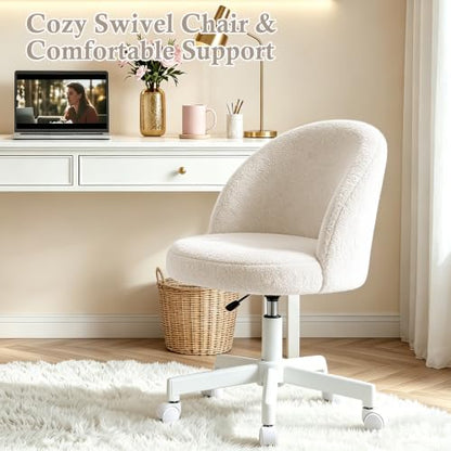 White Vanity Chair with Backrest - Girls Desk & Makeup Stool, Adjustable & Swivel