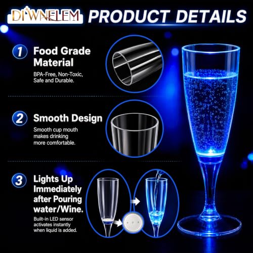 6 Mixed Colors LED Plastic Champagne Flutes 150ml Reusable Party Glasses