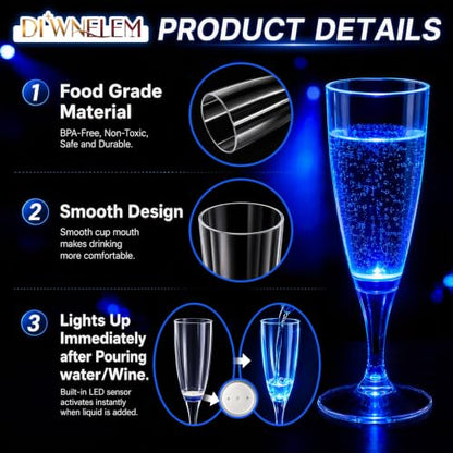 6 Mixed Colors LED Plastic Champagne Flutes 150ml Reusable Party Glasses