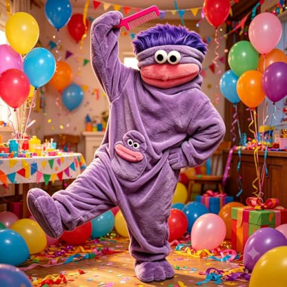 Purple Adult Monster Onesie Costume with Shoes & Comb - Halloween Loungewear