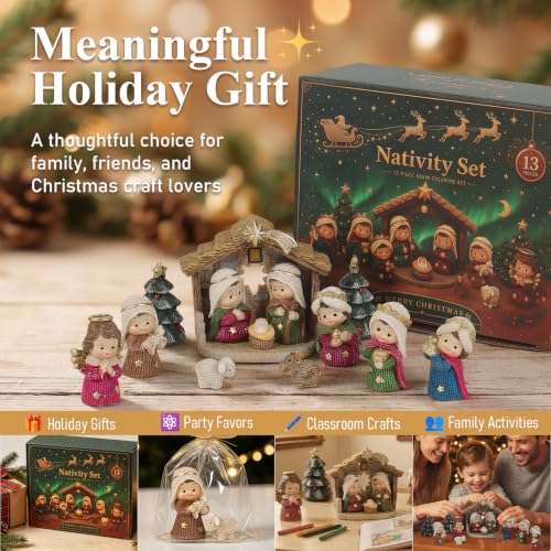 Christmas Nativity Set with LED Lights - 13 Piece Holy Family Figurines - Red Variation