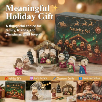 Christmas Nativity Set with LED Lights - 13 Piece Holy Family Figurines - Red Variation