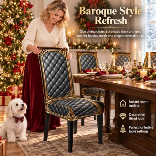 6pcs Washable Baroque Gilded Print Stretch Chair Covers for Dining Room