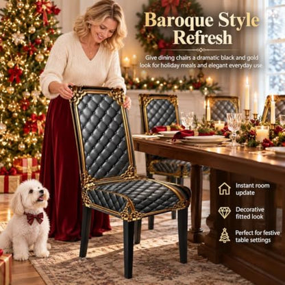 4pcs Washable Baroque Chair Cover Set - Stretch Dining Slipcovers with Gold Pattern