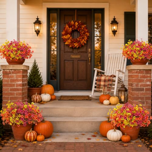 Artificial Fall Mums Flowers for Outdoors Porch Decoration - Burgundy, Orange, Yellow - 12 Bundles