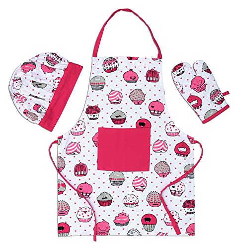 AMOUR INFINI 100% Cotton Cup Cake 3-Piece Kitchen Set Kid's Aprons, Oven Mitts, and Chef Hats Kitchen Play, Cooking, Grilling, Baking Birthday Gift for Girls, Boys & Young Chefs