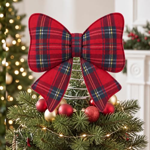 Plaid Bow Christmas Tree Topper Felt Holiday Decor - 9.06 Inches - Red Buffalo Plaid - Stable Spiral Base - Farmhouse Style