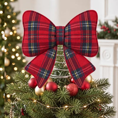 Plaid Bow Christmas Tree Topper Felt Holiday Decor - 9.06 Inches - Red Buffalo Plaid - Stable Spiral Base - Farmhouse Style