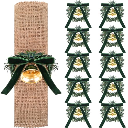 Christmas Napkin Rings with Velvet Bows, Bell & Pine Wreath - Green, 12 Pack
