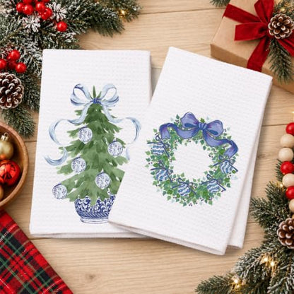 Christmas Blue Chinoiserie Kitchen Towels Set of 2 - Holiday Dish & Hand Towels