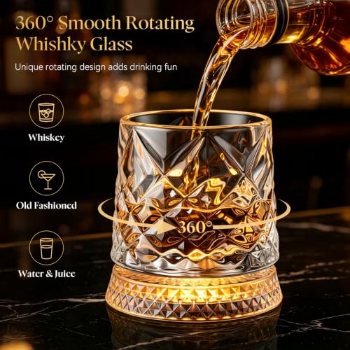 Ice Crackle Pattern Whiskey Glass Set of 4 with LED Light Bases - 9.5 oz, Includes Ice Ball Molds