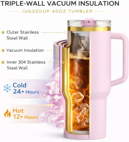 Skiennix 40oz Insulated Stainless Steel Tumbler - Leak-Proof Travel Mug with Handle & Straw Lid | Blush Gold