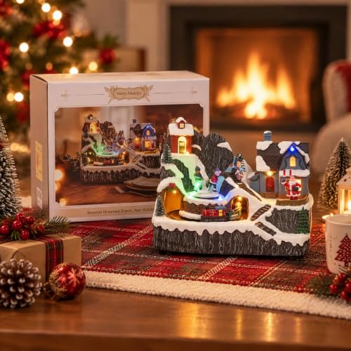 Valery Madelyn Christmas Village Scene Decorations - Santa Ice Rink Variation, Lighted Musical Resin Home Decor, 9 Inch