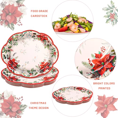 Christmas Disposable Oval Paper Plates with Poinsettia Design - 10x12 Inches, 24 Pack
