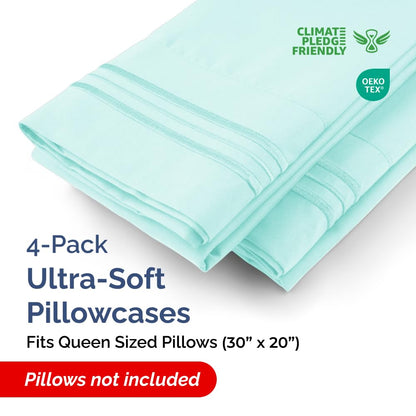 Queen Pillow Cases Set of 4 - Ultra Soft Hotel Quality Pillowcase Covers - Comfy, Cozy & Wrinkle Free - Shrinkage, Stain & Fade Resistant - Machine Washable Pillow Protectors - 4 Piece Set - Spa Blue