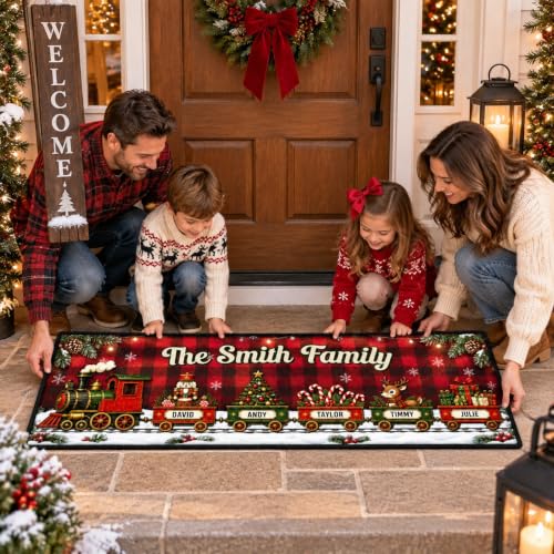 Wrappiness Family Holiday Train Entryway Rug - Custom Christmas Welcome Mat - Gift