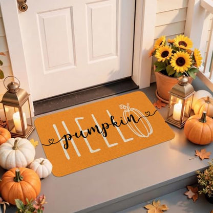 Hello Pumpkin Fall Front Door Mat - Orange Autumn Welcome Doormat 17x30 Inches