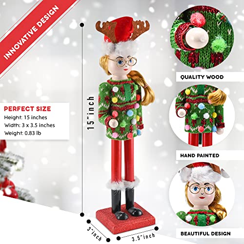 15-Inch Wooden Nutcracker Girl Christmas Decor for Holiday Table or Mantel