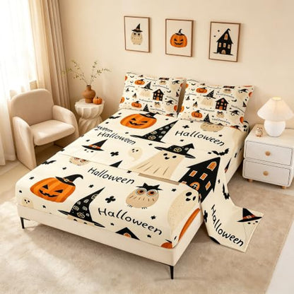 Halloween Bed Sheet Set King Size Ghost Bats Owl Pumpkin Deep Pocket Microfiber Ivory & Pumpkin Orange
