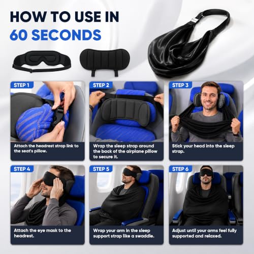 Travel Pillow with Eye Mask and Neck Support - M Size, Black, 3-in-1 Sleep Set