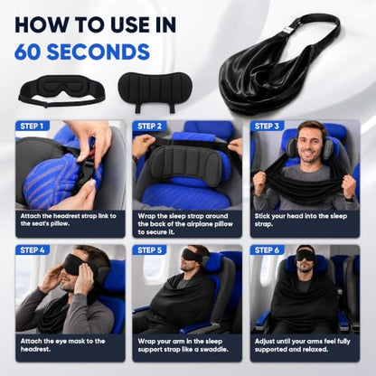 Travel Pillow with Eye Mask and Neck Support - M Size, Black, 3-in-1 Sleep Set