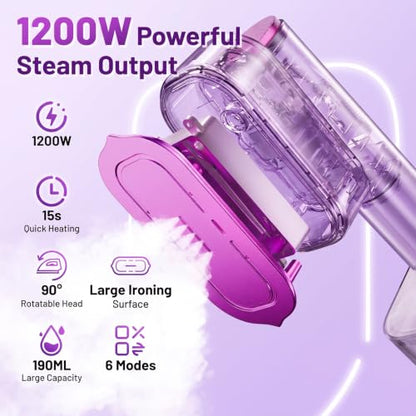 Travel Garment Steamer & Iron 2-in-1, 1200W Portable Clothes Steamer with Quick Heat, 6 Steam Settings, 15s Warm-Up, 190ml Tank