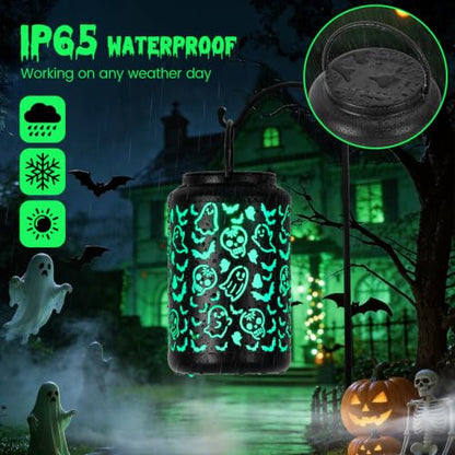 Outdoor Halloween Skull & Ghost Solar Lantern with Green Light