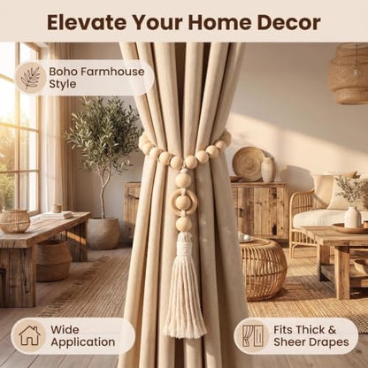 Wood Bead Magnetic Curtain Tiebacks Off White 2 Pack - Boho Farmhouse Decor