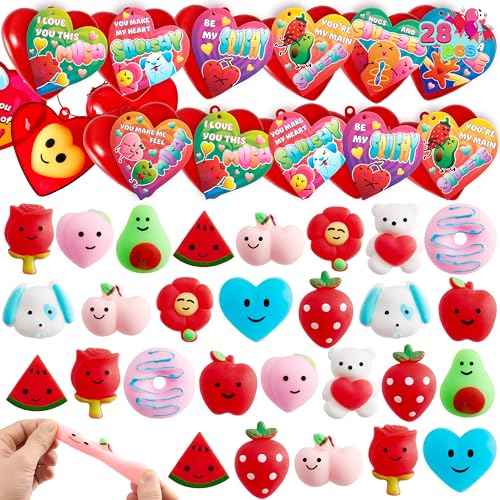 JOYIN 28 Pack Mochi Squishy Toy Filled Hearts and Cards for Kids Valentine Classroom Exchange Party Favors, Kawaii Stress Relief Toys for Valentine Gift Exchange, Game Prizes and Carnivals Gift