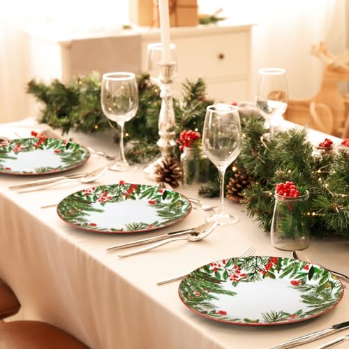Christmas Green Dinner Plates Set of 4 with Winter Leaves Pattern
