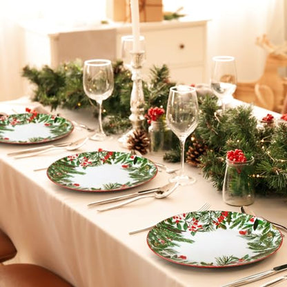 Christmas Green Dinner Plates Set of 4 with Winter Leaves Pattern