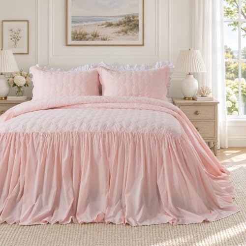 Pink Cotton Bedspread Set with Bow Stitching - King Oversized 3PC - Brandream