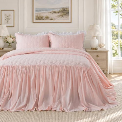 Pink Cotton Bedspread Set with Bow Stitching - King Oversized 3PC - Brandream