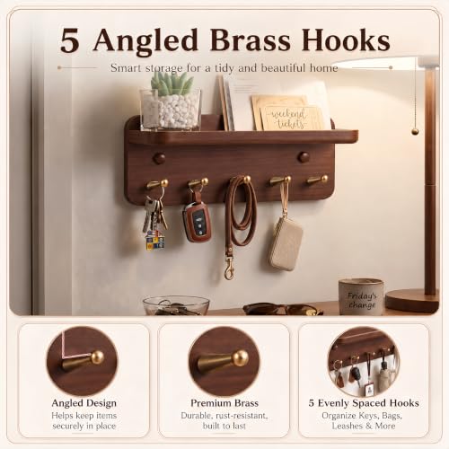 Solid Wood Wall Key Holder with Brass Hooks & Hidden Magnets, Organize Entryway