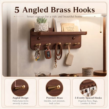 Solid Wood Wall Key Holder with Brass Hooks & Hidden Magnets, Organize Entryway