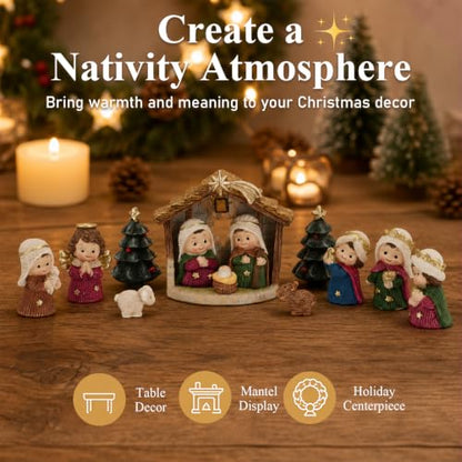 Christmas Nativity Set with LED Lights - 13 Piece Holy Family Figurines - Red Variation