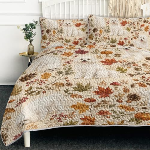 BlessLiving Maple Maltese Quilt Set - All-Season Microfiber Bedding, Full/Queen