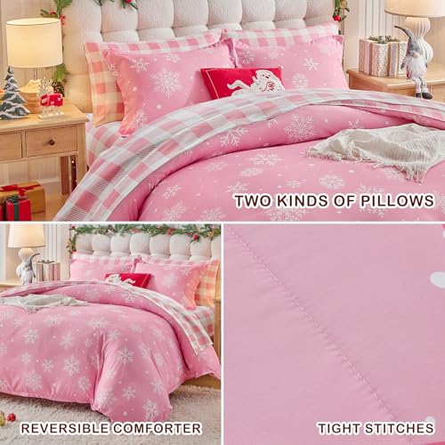 Christmas Bed in a Bag Twin Set with Snowflakes - Pink & White Holiday Bedding