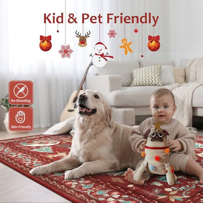 4x6 Christmas Area Rug with No-Slip Backing - Red Boho Holiday Rug for Living Room and Bedroom