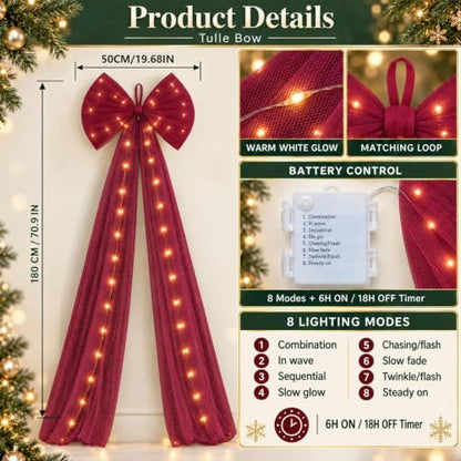 Burgundy Lighted Christmas Bow 71 Inch Tulle Tree Topper with Timer - Burgundy