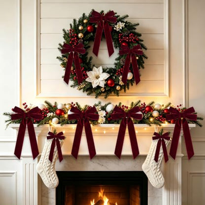 Burgundy Velvet Christmas Bow Set - Pre-Tied Holiday Tree Decorations, 12pcs